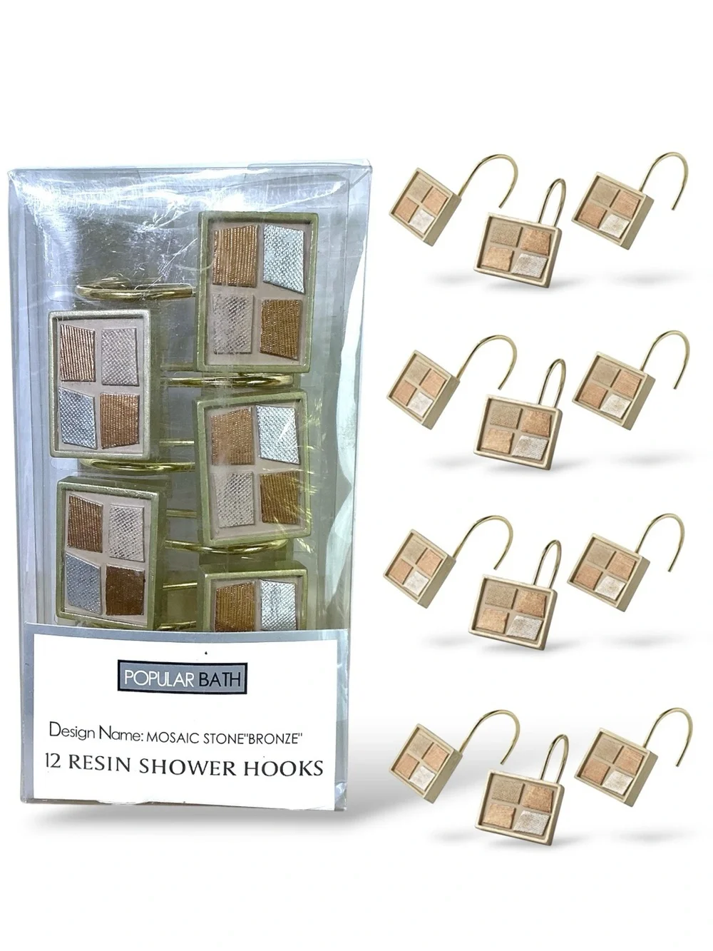 Mosaic Stone Bronze Shower Hooks by Popular Bath Set of Resin 12 Hooks NEW